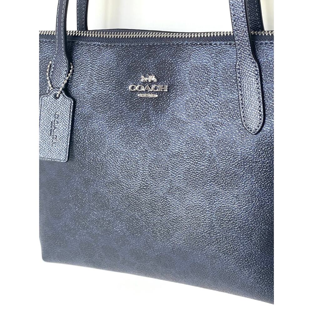 Coach Fiona Zip Tote CW396 Blue Pearlized Leather Canvas Medium - Picture 12 of 13